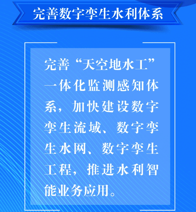 四、要完善數字孿生水利體系。完善“天空地水工”一體化監(jiān)測感知體系，加快建設數字孿生流域、數字孿生水網、數字孿生工程，推進水利智能業(yè)務應用。.png