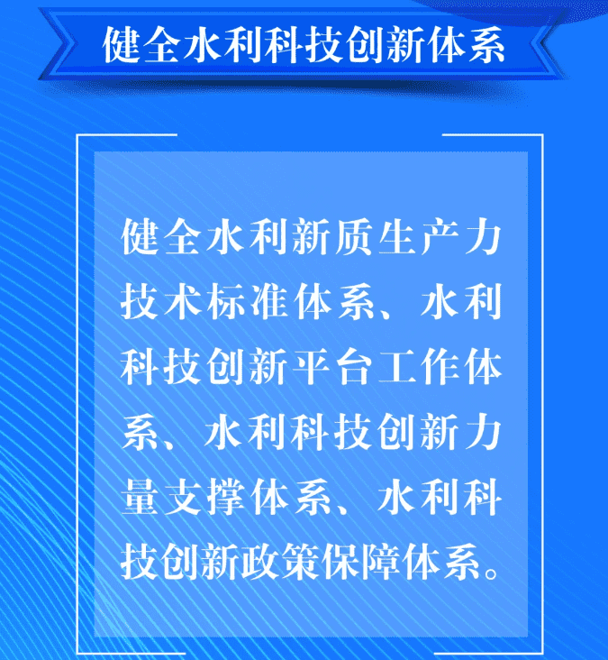 六、要健全水利科技創(chuàng)新體系。健全水利新質生產力技術標準體系、水利科技創(chuàng)新平臺工作體系、水利科技創(chuàng)新力量支撐體系、水利科技創(chuàng)新政策保障體系。.png