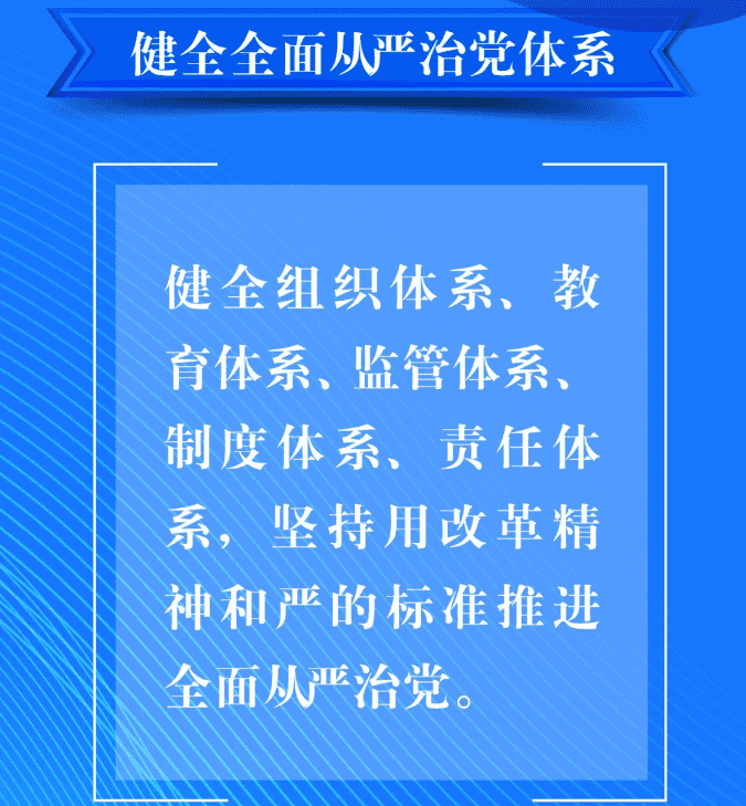 八、要健全全面從嚴治黨體系。健全組織體系、教育體系、監(jiān)管體系、制度體系、責任體系，堅持用改革精神和嚴的標準推進全面從嚴治黨。.png