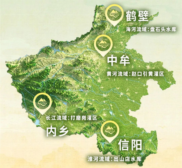 黃河流域趙口引黃灌區(qū)、淮河流域出山店水庫、海河流域盤石頭水庫、長江流域打磨崗灌區(qū)分布位置圖，讓我們一起走進這四大流域的水庫灌區(qū)，見證我國中原糧倉背后的“水利力量”。.jpg